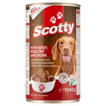 SCOTTY FALATKÁK SZÓSZBAN TELJES ÉRTÉKŰ ÁLLATELEDEL FELNŐTT KUTYÁK SZÁMÁRA 3-FÉLE ÍZESÍTÉSSEL 1240 G