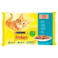 FRISKIES SZÓSZBAN LAZACCAL/TONHALLAL/SZARDÍNIÁVAL/TŐKEHALLAL NEDVES MACSKAELEDEL 4 X 85G
