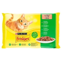 FRISKIES SZÓSZBAN MARHÁVAL/CSIRKÉVEL/TONHALLAL/TŐKEHALLAL NEDVES MACSKAELEDEL 4 X 85 G