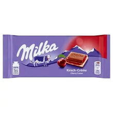 MILKA ALPESI TEJCSOKOLÁDÉ MEGGY ÍZŰ TEJES KRÉMTÖLTELÉKKEL ÉS MEGGYES GYÜMÖLCSKRÉMMEL 100 G