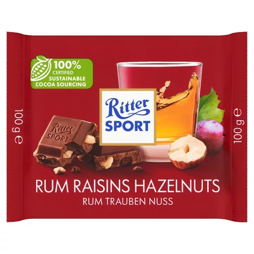 RITTER SPORT TEJCSOKOLÁDÉ JAMAICA-I RUMBA ÁZTATOTT MAZSOLÁVAL ÉS APRÍTOTT MOGYORÓVAL 100 G