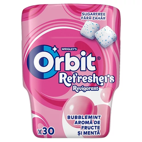 ORBIT REFRESHERS BUBBLEMINT GYÜMÖLCS- ÉS MENTAÍZŰ CUKORMENTES RÁGÓGUMI ÉDESÍTŐSZERREL 67 G 