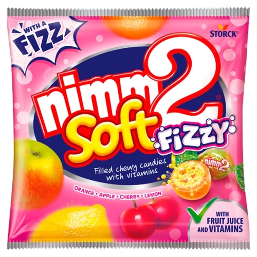 NIMM2 SOFT FIZZY PEZSGŐ HATÁSÚ, GYÜMÖLCS ÍZŰ PORRAL TÖLTÖTT GYÜMÖLCSÖS OLVADÓ CUKORKA 90 G