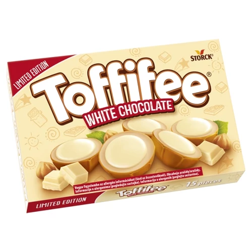 TOFFIFEE WHITE CHOCOLATE MOGYORÓ KARAMELLBEN TEJES TÖLTELÉKKEL ÉS FEHÉR CSOKOLÁDÉVAL 125 G