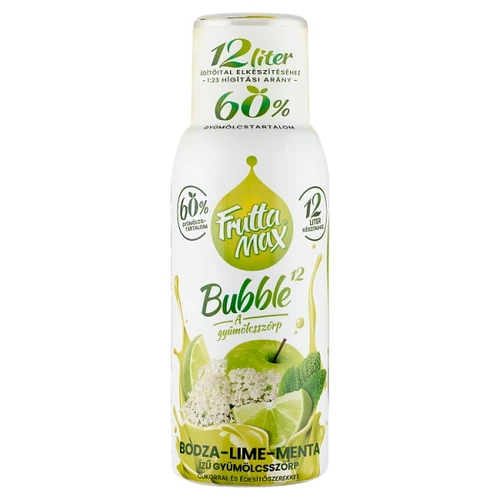 FRUTTAMAX BUBBLE¹² BODZA-LIME-MENTA ÍZŰ GYÜMÖLCSSZÖRP CUKORRAL ÉS ÉDESÍTŐSZEREKKEL 500 ML