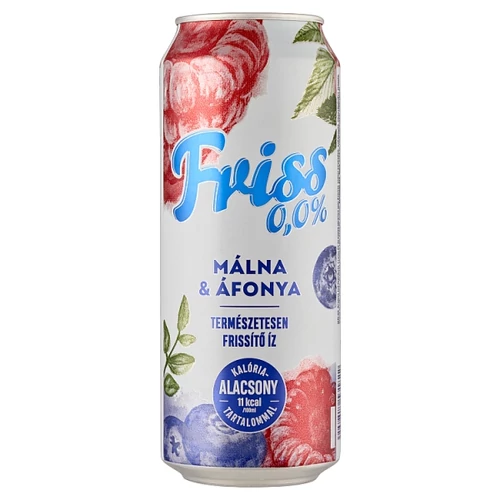 FRISS 0,0% SZÉNSAVAS MÁLNA-ÁFONYA ÍZŰ ÜDÍTŐITAL ÉS ALKOHOLMENTES MALÁTAITAL KEVERÉKE 0,5 L