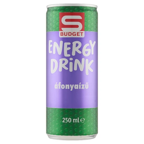 S-BUDGET ÁFONYA- ÉS TUTTIFRUTTI ÍZŰ MAGAS KOFFEINTARTALMÚ SZÉNSAVAS ALKOHOLMENTES ITAL 250 ML