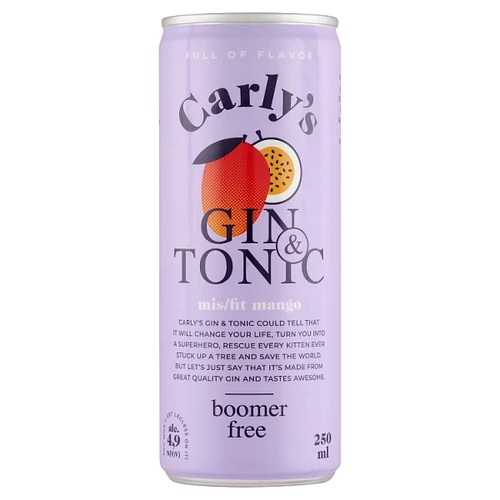 CARLY'S GIN & TONIC ALKOHOLTARTALMÚ SZÉNSAVAS ITAL MANGÓ ÉS MARACUJA ÍZESÍTÉSSEL 4,9% 250 ML