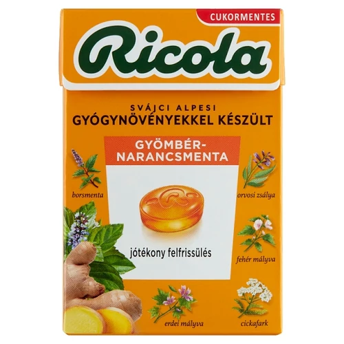 RICOLA SVÁJCI ALPESI GYÓGYNÖVÉNYEKKEL KÉSZÜLT CUKORMENTES GYÖMBÉR-NARANCSMENTA CUKORKÁK 40 G