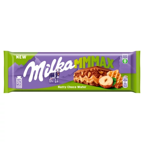 MILKA MMMAX TEJCSOKOLÁDÉ OSTYÁVAL, MOGYORÓS KRÉMTÖLTELÉKKEL ÉS MOGYORÓDARABOKKAL 270 G