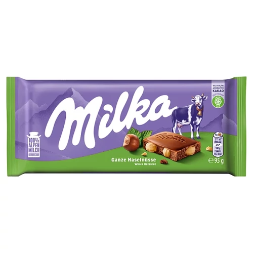 MILKA ALPESI TEJ FELHASZNÁLÁSÁVAL KÉSZÜLT TEJCSOKOLÁDÉ EGÉSZ MOGYORÓVAL 95 G