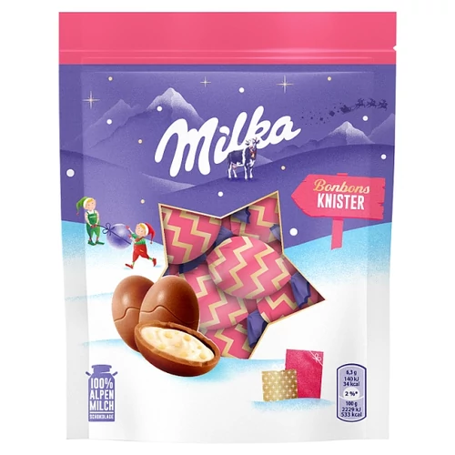 MILKA ALPESI TEJ FELHASZNÁLÁSÁVAL KÉSZÜLT TEJCSOKOLÁDÉ KRÉMTÖLTELÉKKEL ÉS ROBBANÓCUKORKÁVAL 86 G 