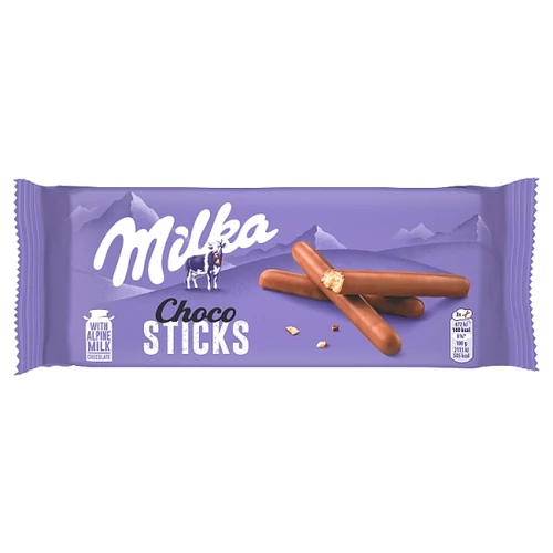 MILKA CHOCO STICKS KEKSZ ALPESI TEJ FELHASZNÁLÁSÁVAL KÉSZÜLT TEJCSOKOLÁDÉVAL MÁRTVA 112 G