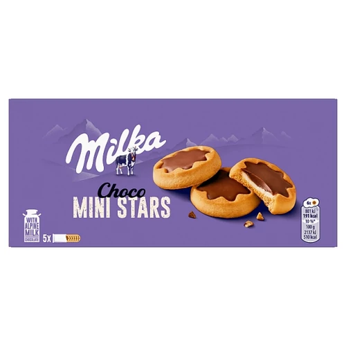 MILKA CHOCO MINI STARS TEJES KRÉMMEL TÖLTÖTT KEKSZ TEJCSOKOLÁDÉVAL 185 G