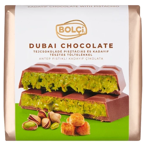BOLÇI DUBAI CHOCOLATE TEJCSOKOLÁDÉ PISZTÁCIÁS ÉS KADAYIF TÉSZTÁS TÖLTELÉKKEL 100 G