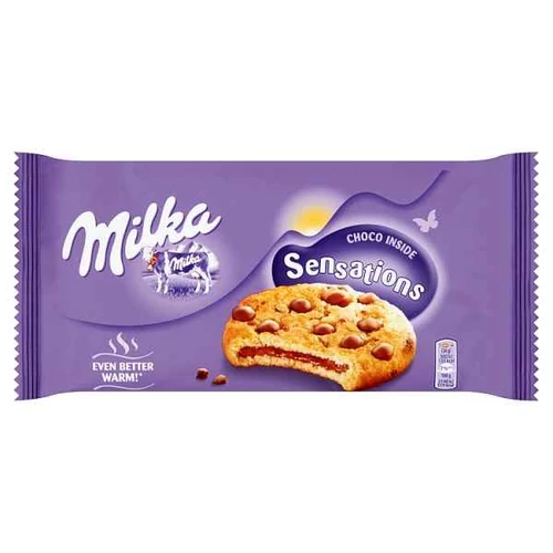 MILKA SENSATIONS KEKSZ ALPESI TEJCSOKOLÁDÉ DARABOKKAL ÉS TEJCSOKOLÁDÉS TÖLTELÉKKEL 156G